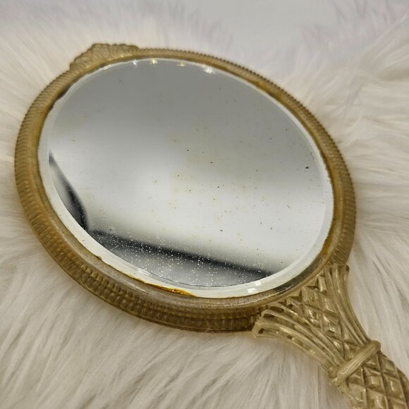 Vintage Handheld Mirror Ornate Lucite Gold Handle Floral Etched Glass FLAW - Picture 3 of 8
